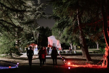Students walking down path to Mausoleum