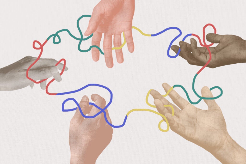 Illustration of five hands reaching toward each other into the middle of the image, with a string of different colors intertwined between their fingers.