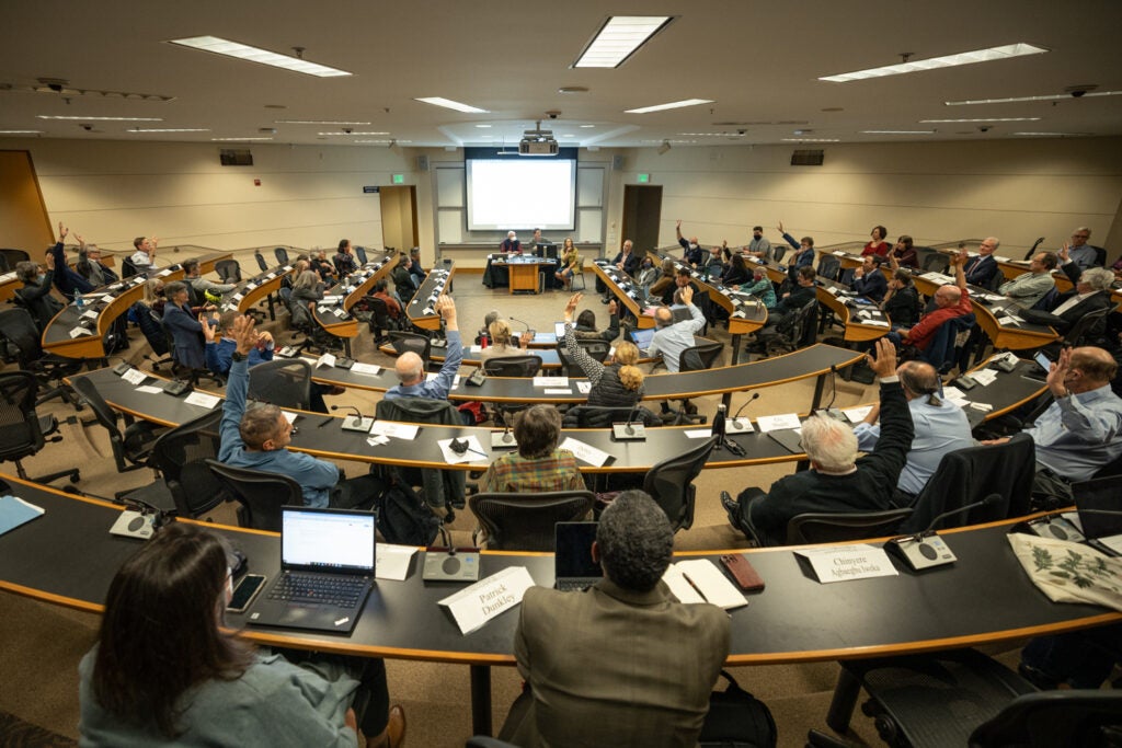 Wide shot of Faculty Senate meeting on January 26, 2023. At the meeting, the Faculty Senate Senate discussed the Elimination of Harmful Language Initiative and concerns about academic freedom.