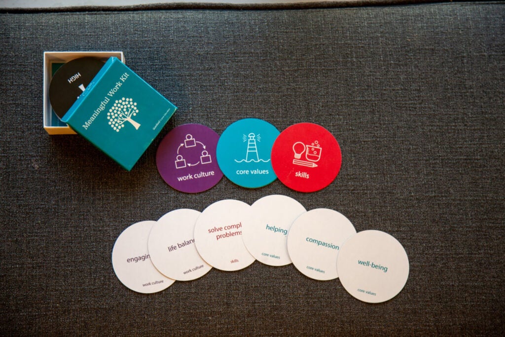The Meaningful Work Kit was initially created as a set of cards. The photo shows the cards, which are circular in shape. There are 3 categories for the cards: value, workplace culture preference, or skills. Each card shows a factor on one side, and its category on the flip side.