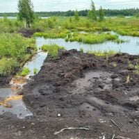 A peatland site at Linnunsuo in North Karelia, Finland. Legacy peat mining has degraded the wetland, as visible in the degraded soil in front.