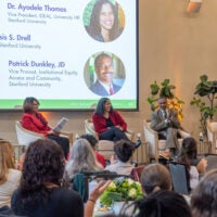 Shirley Everett leads panelists Ayodele Thomas, Patrick Dunkley, and Provost Persis Drell in a discussion about the value of inclusive leadership at the Women's Leadership Summit.