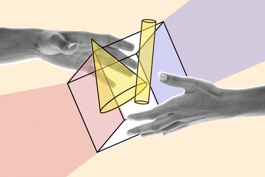 Illustration of one hand passing a cube filled with shapes to another hand.