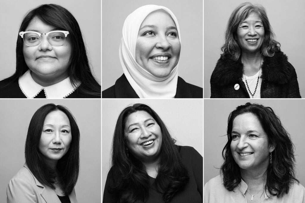 Composite image of portraits of women leaders at Stanford: (top, left to right) Ximena Sanchez Martinez, Rania Awaad, Lori Nishiura Mackenzie; (bottom, left to right) Zhenan Bao, Faith Kazmi, Andrea Rees Davies