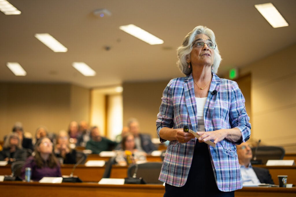 Provost Persis Drell presents the 2023-24 budget plan to the Faculty Senate on Thursday, May 11, 2023.