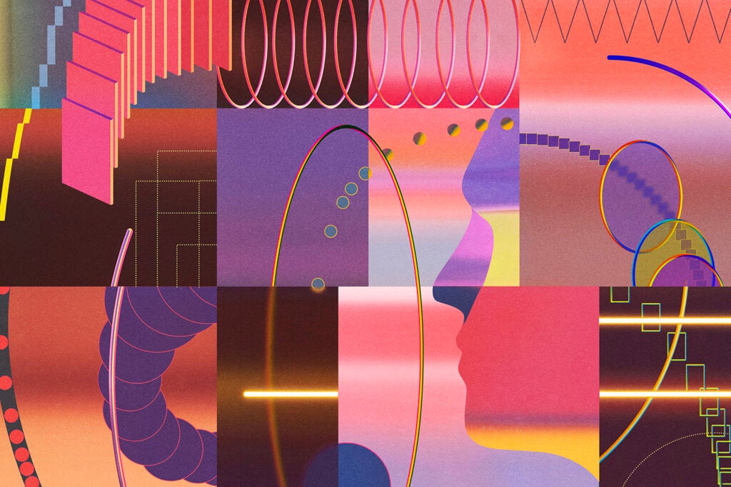 Colorful illustration made of many different sections, each with geometric shapes and lines that overlap other sections to create a patchwork effect.