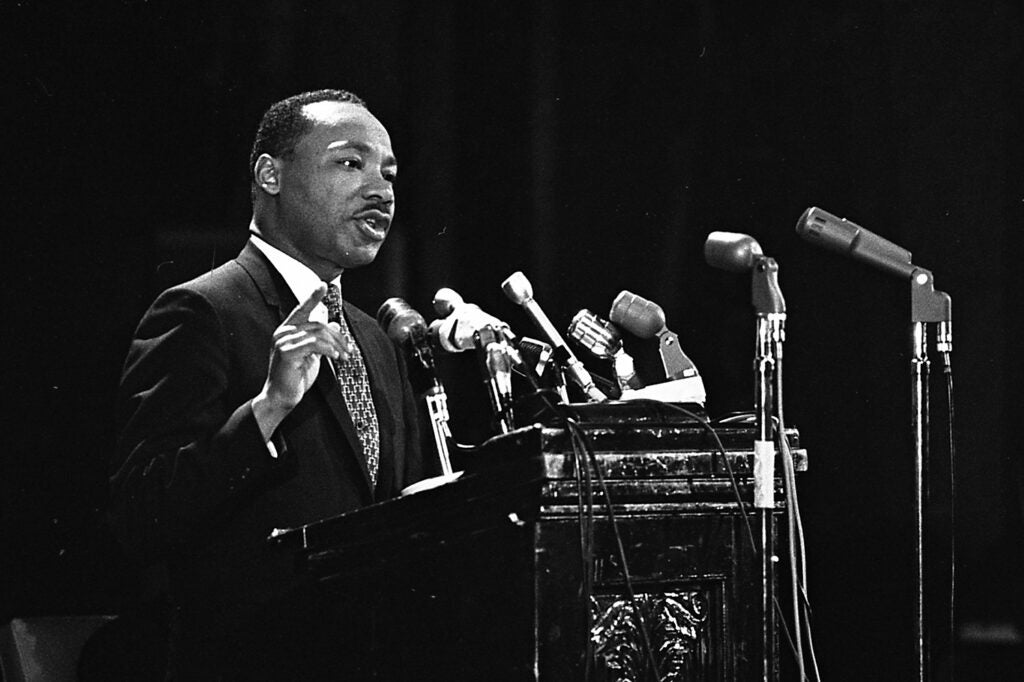 The Rev. Dr. Martin Luther King, Jr., delivers an address at Stanford Memorial Auditorium on April 14, 1967.