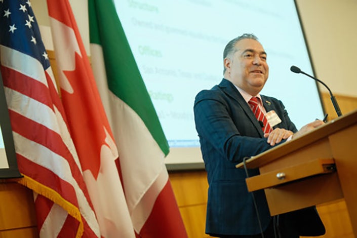 Calixto Mateos Hanel of the North American Development Bank discusses important investments in water projects and other infrastructure during his keynote speech at the State of the West Symposium.