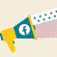 Illustration of a blow horn with the facebook logo on it, with stars and stripes coming out.
