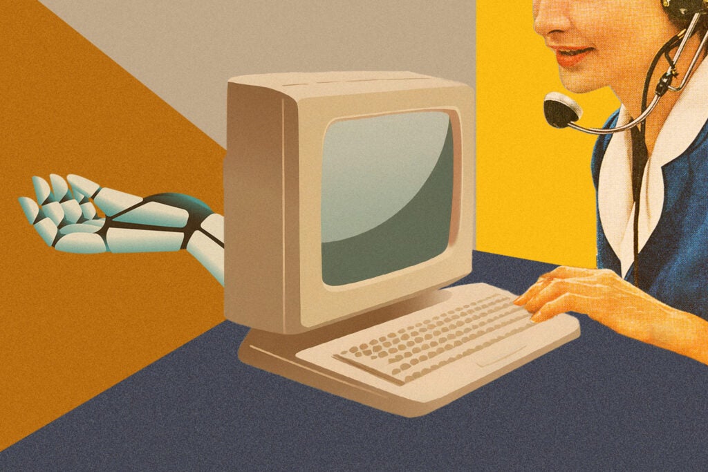 Illustration of a woman wearing a headset sitting at a computer that has a robot hand extending out of the back in a helpful gesture.