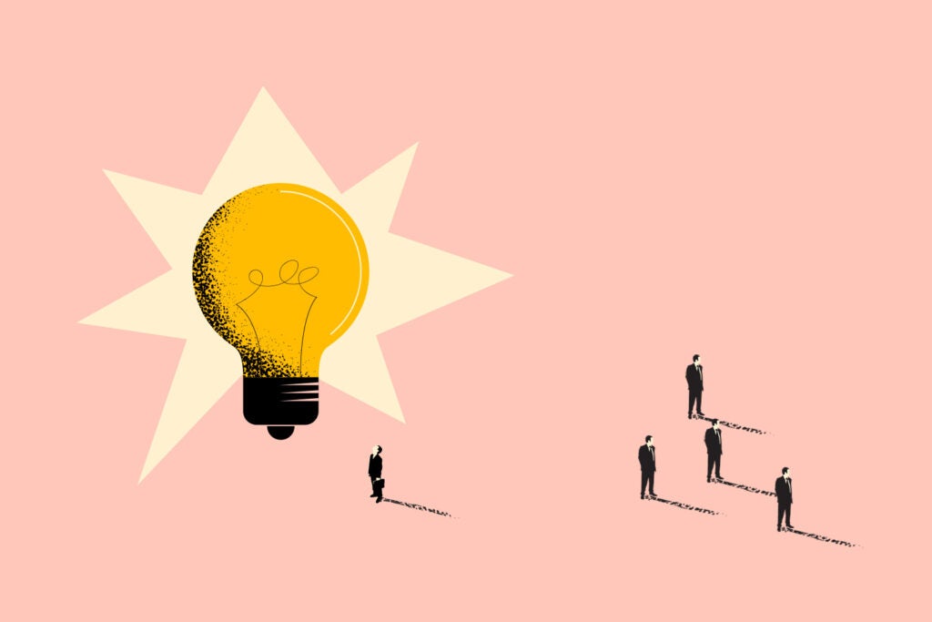 illustration of 4 business people looking to the right, and one business person looking up and to the left at a large lightbulb.