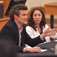 Stanford professors Benoit Monin, left, and Tamar Schapiro discuss the value of ethics classes at a program sponsored by the McCoy Family Center for Ethics in Society.