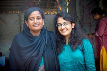 Garima Sharma, right, with a mother who participated in a workshop on child marriage Sharma led in Forbesgani, India.