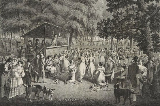 religious camp meeting ca. 1829 / H. Bridport/Wikimedia