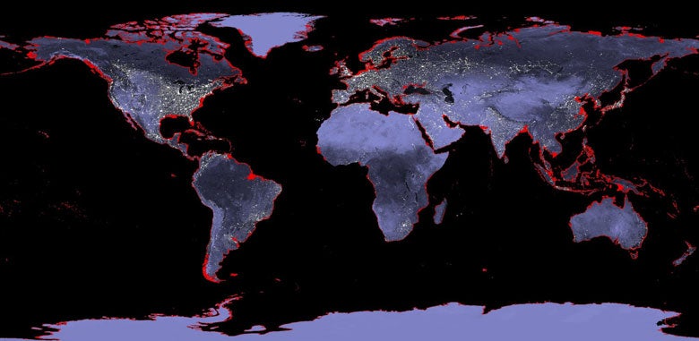 Map of the Earth with a 6-meter sea level rise represented in red
