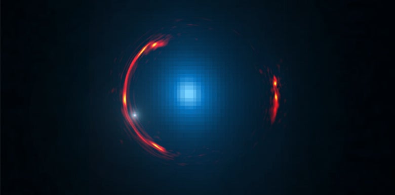 Composite image of the gravitational lens SDP.81 showing distorted image of the more distant galaxy and the nearby lensing galaxy