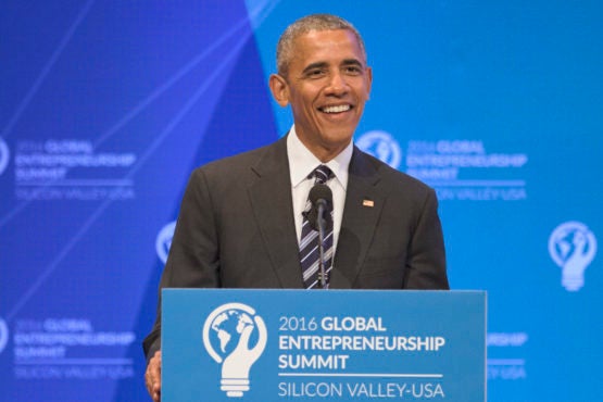 Barack Obama at lectern in Memorial Auditorium at GES 2016