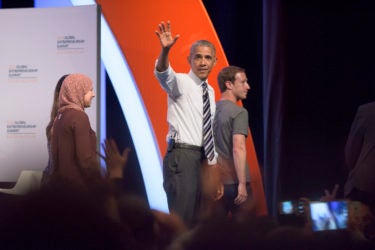 Mai Medhat, Barack Obama and Mark Zuckerberg departing the stage