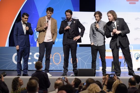 Cast members of TV show Silicon Valley interact with a child entrepreneur in the audience at Memorial Auditorium