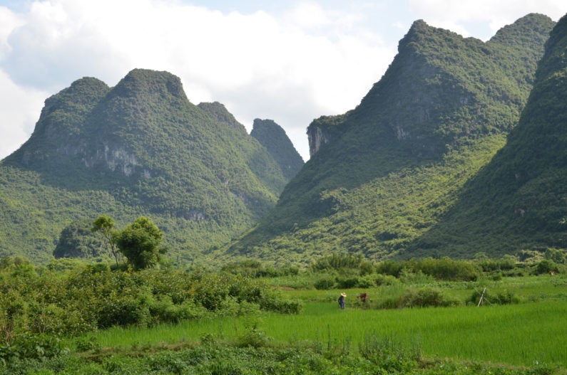 Karst mountains in China with farmer in field.