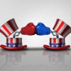 Illustration of red,white and blue hats with red and blue boxing gloves.