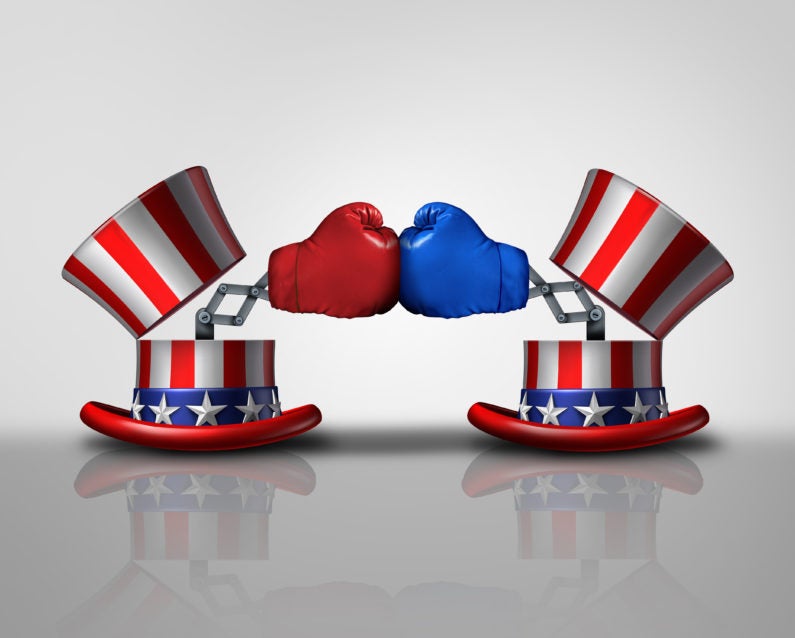 Illustration of red,white and blue hats with red and blue boxing gloves.