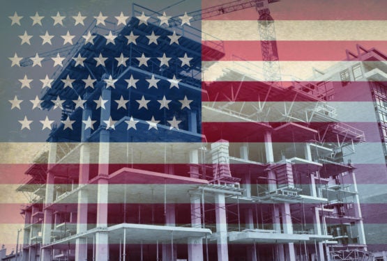Illustration of an American flag superimposed on construction site.