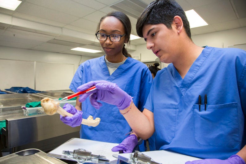 high school students wearing medical scrubs examining a bone