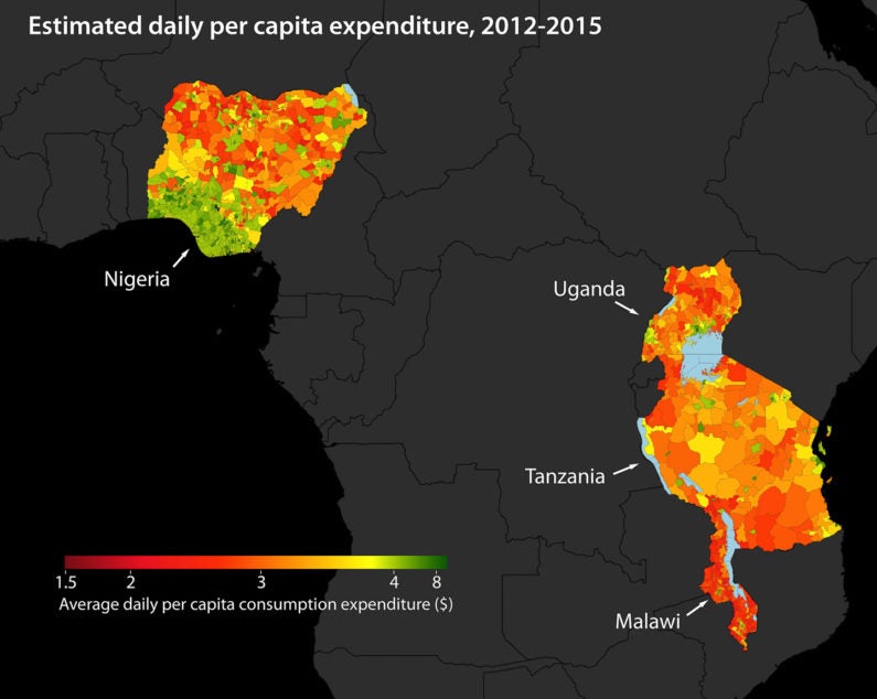 Estimates of per capita consumption in four African countries. Stanford researchers used machine learning to extract information from high-resolution satellite imagery to identify impoverished regions in Africa. 