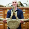 Paleobiologist Jonathan Payne holds a whale vertebra.