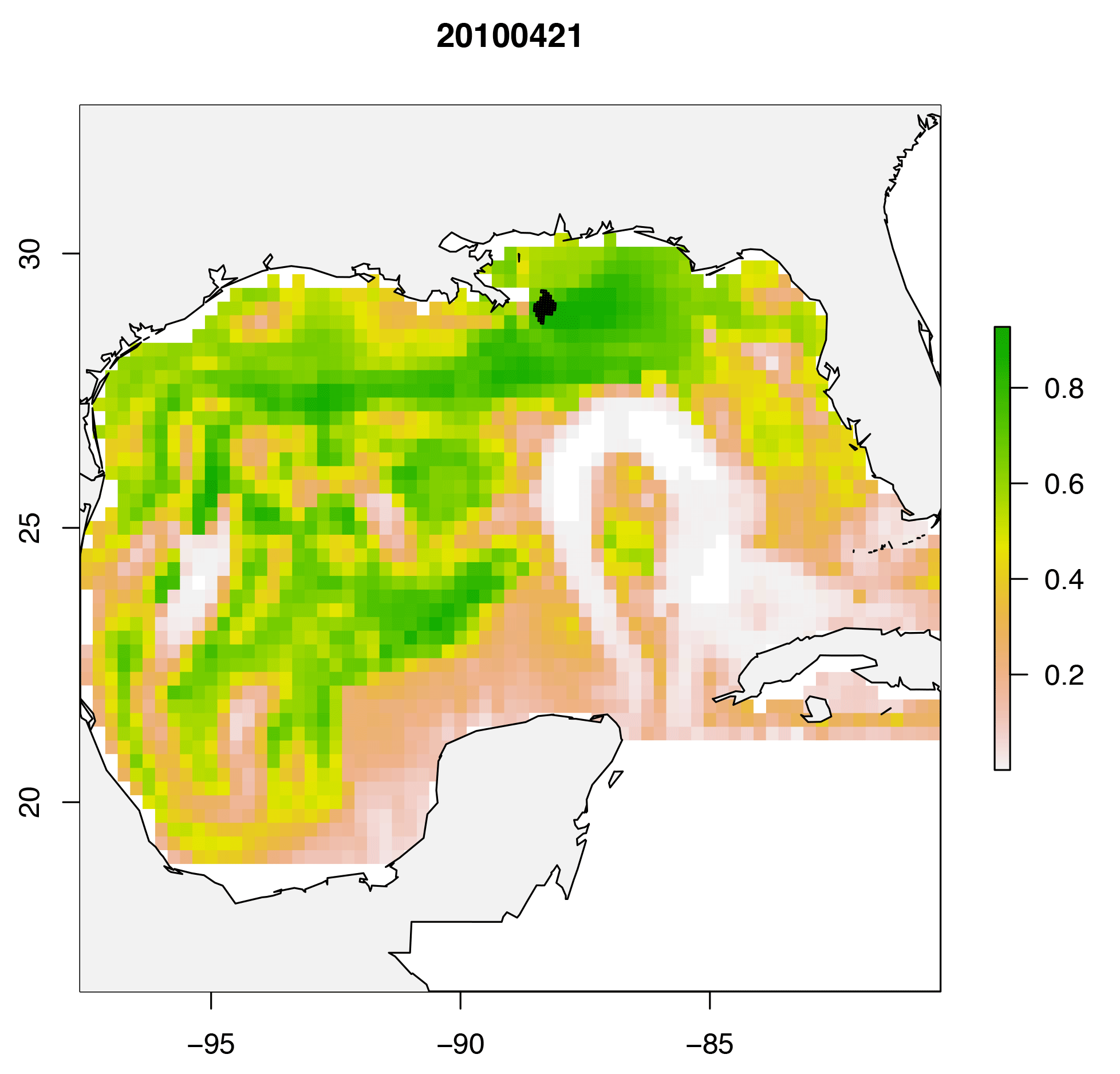 map showing progression of predicted tuna spawning habitat and oil extent in the Gulf of Mexico from April to July 2010