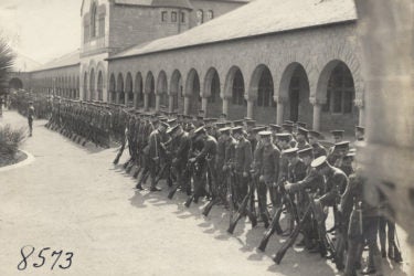 Student Army Training Corps performing drills in the Quad during the World War I
