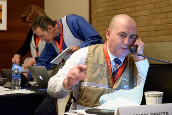 Jim Jacobs, executive director of Vaden Healt Center working at the EOC during the QuakeSU 2016 exercise.