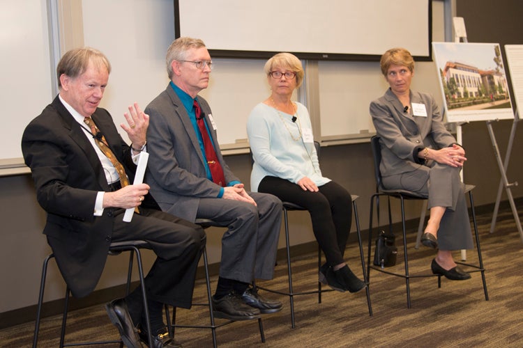 panelist seated left to right: Keith Hodgon, W. E. Moerner, Martha Cyert, Carolyn Bertozzi