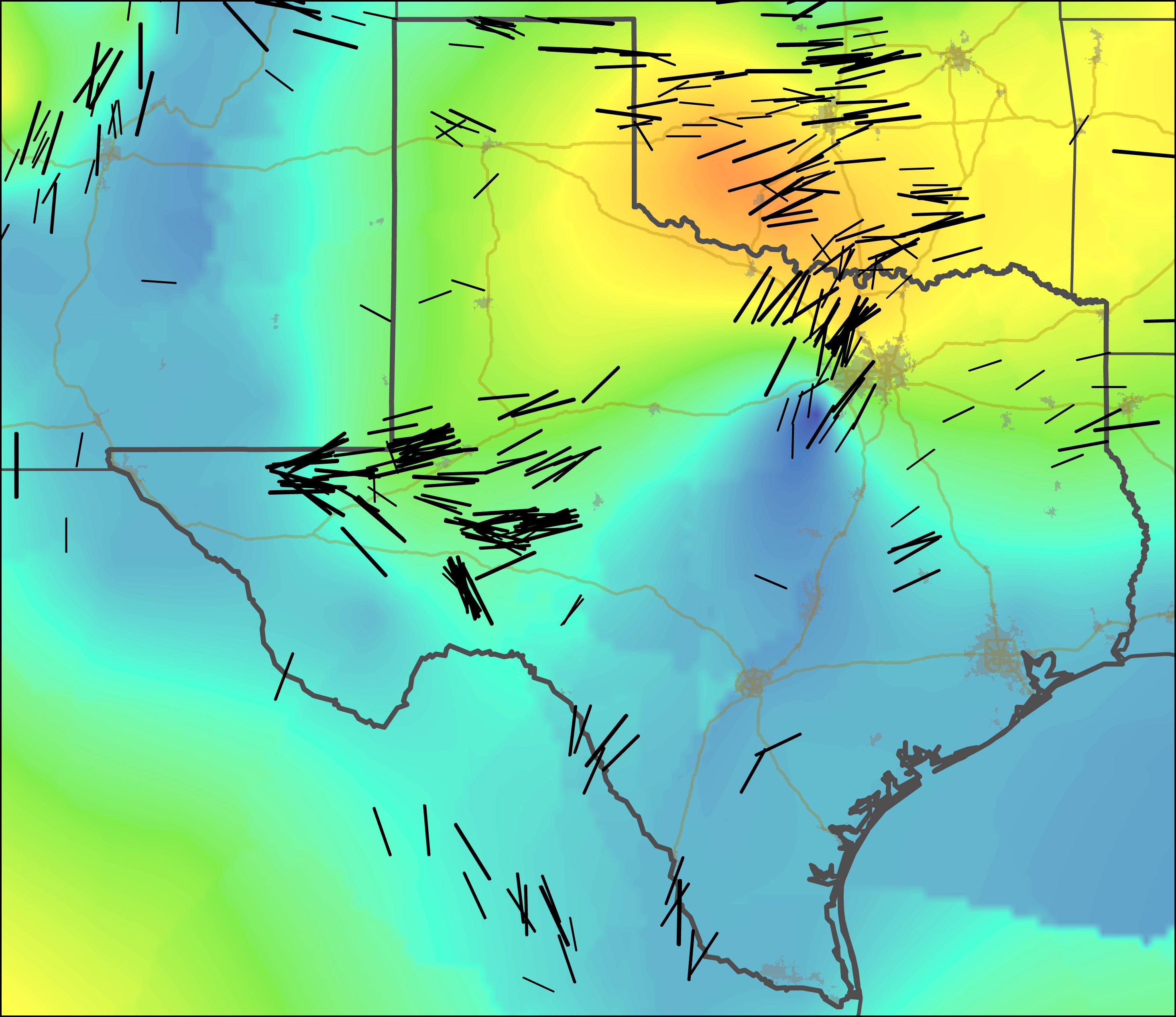 Stress maps of Texas and Oklahoma, with black lines indicating stress orientation