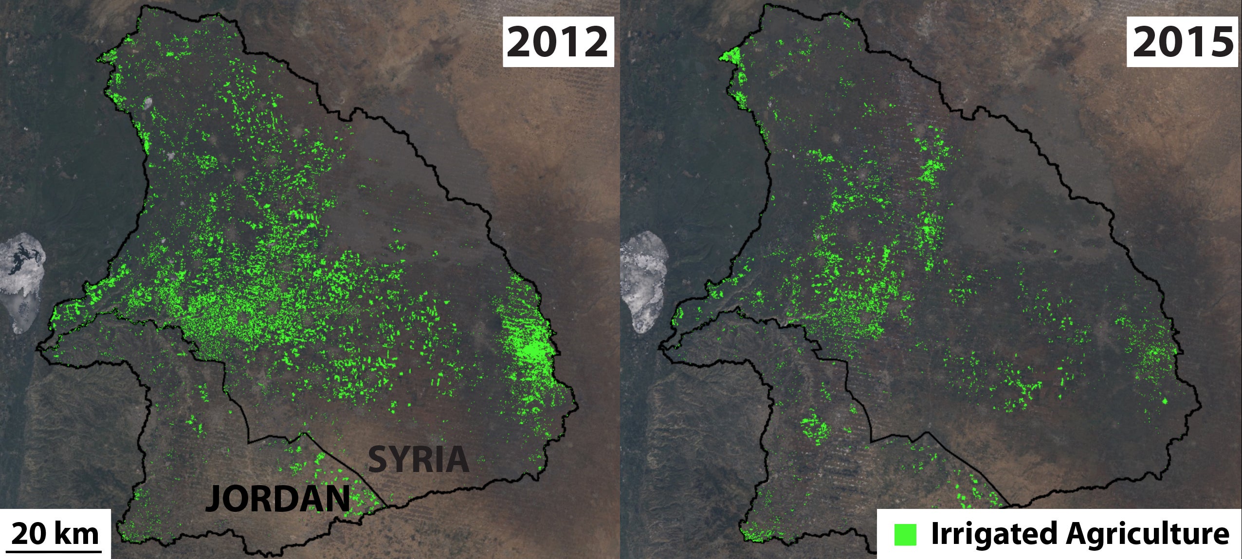 Maps showing irrigated land area decreased by 50 percent in the Yarmouk Basin during the Syrian civil war.
