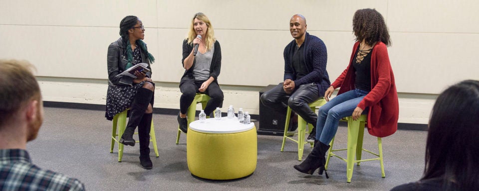 Art is my Occupation, Q&A with Mic Check co-hosts Frannie Kelley and Ali Shaheed Muhammad. Student interviewers junior Sojourner Ahébée, left, and senior Jess Spicer, right.