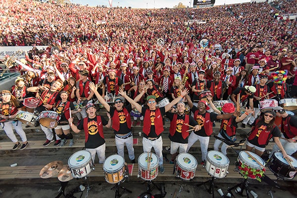 The Stanford marching band poses for a photo at the Rose Bowl Game.