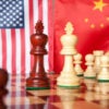 Chess pieces with American and Chinese flags