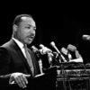 Martin Luther King Jr. at lectern in Stanford's Memorial Auditorium, April 14, 1967