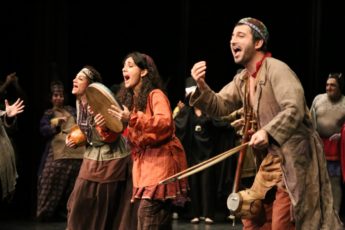 Actors on stage performing traditional Iranian play Tarabnameh 