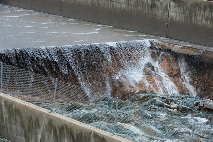 eroded concrete section of spillway at Oroville Dam