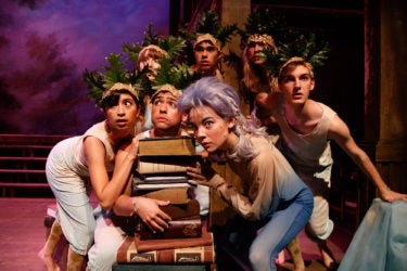 In a production of Shakespeare’s The Tempest, Ariel is performed by Lea Zawada and the island spirits are played by Susi Arguello, Isaac Goldstein, Brenna McCulloch, Elias Mooring, Sarah Mergen and Anatole Schneider.