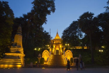 wide angle view of Buddhist temple at twilight