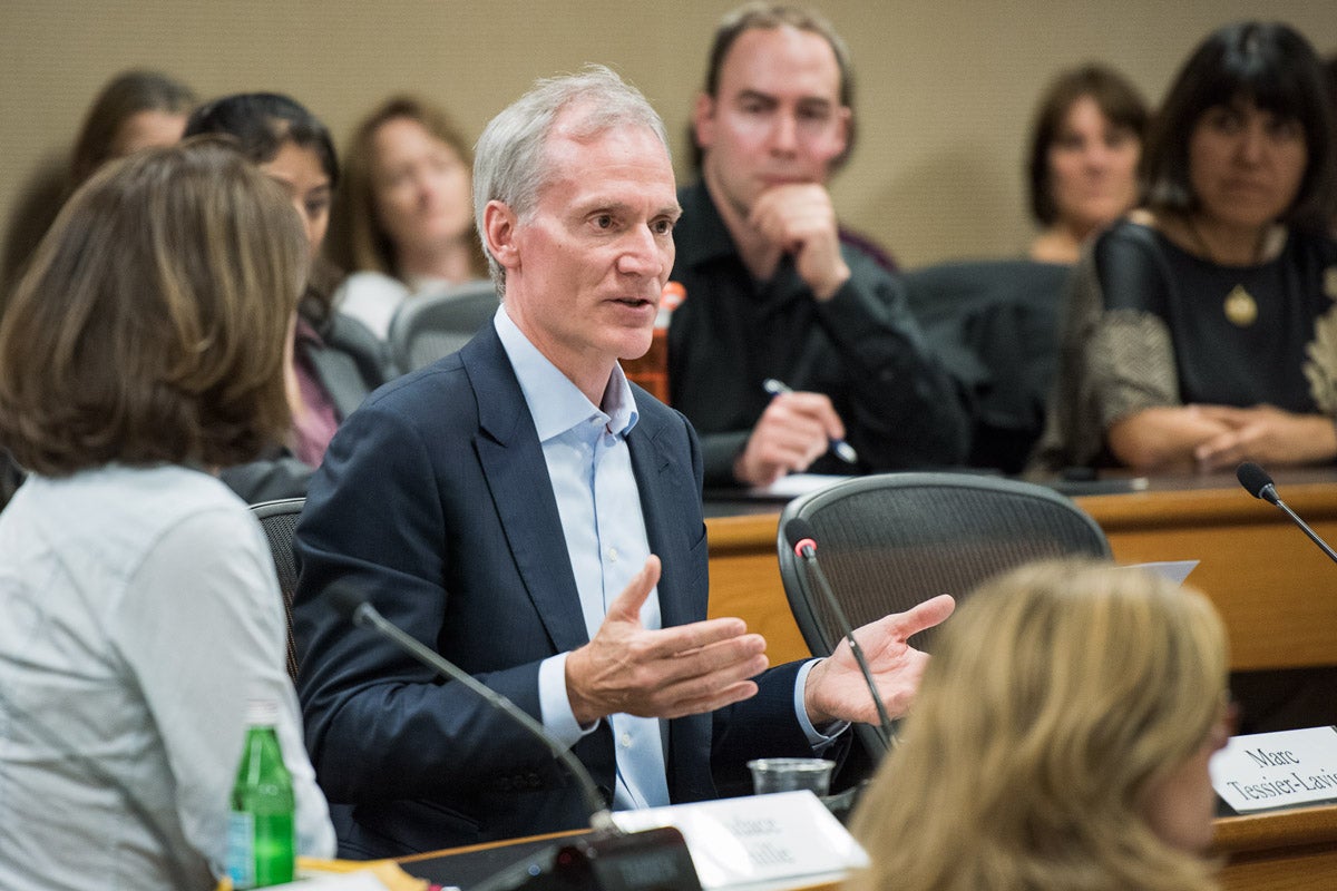 President Marc Tessier-Lavigne gives his remarks at the Faculty Senate on April 13, 2017