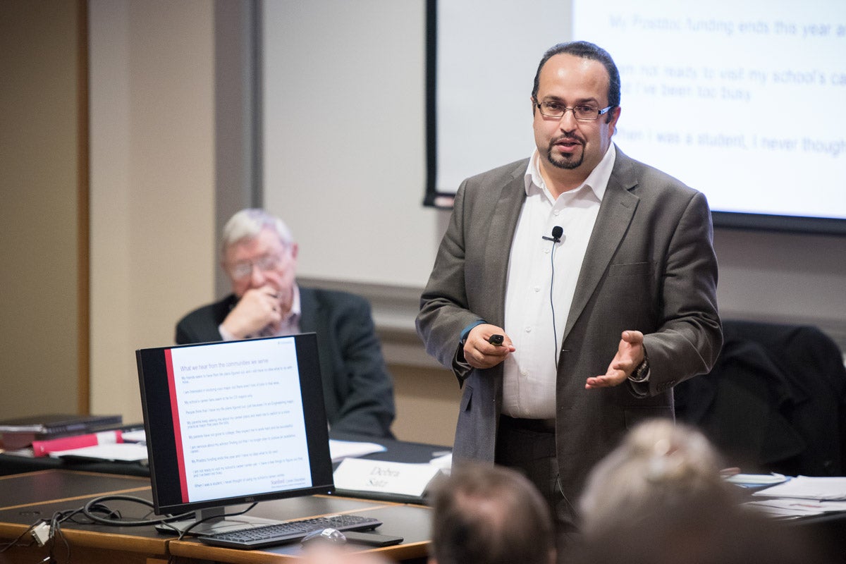 Farouk Dey, Associate Vice Provost and Dean of Career Education, speaks at Faculty Senate meeting on April 13, 2017.
