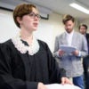 Stanford graduate students in classics translated and adapted an ancient Greek play to lampoon modern politics. In this scene from rehearsal, Lizzy Ten-Hove portrays Supreme Court Justice Ruth Bader Ginsburg while David Pickel portrays political strategist Steve Bannon and Kilian Mallon plays Liberty University President Jerry Falwell Jr.