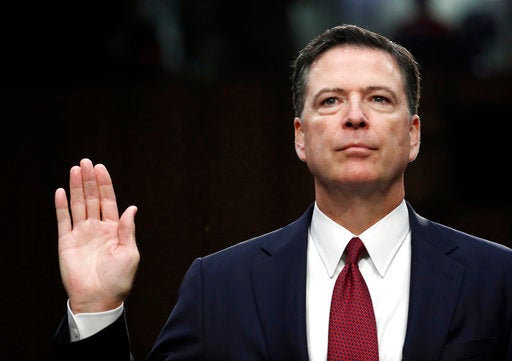 Former FBI Director James Comey is sworn in during the June 8 Senate Intelligence Committee hearing in Washington.