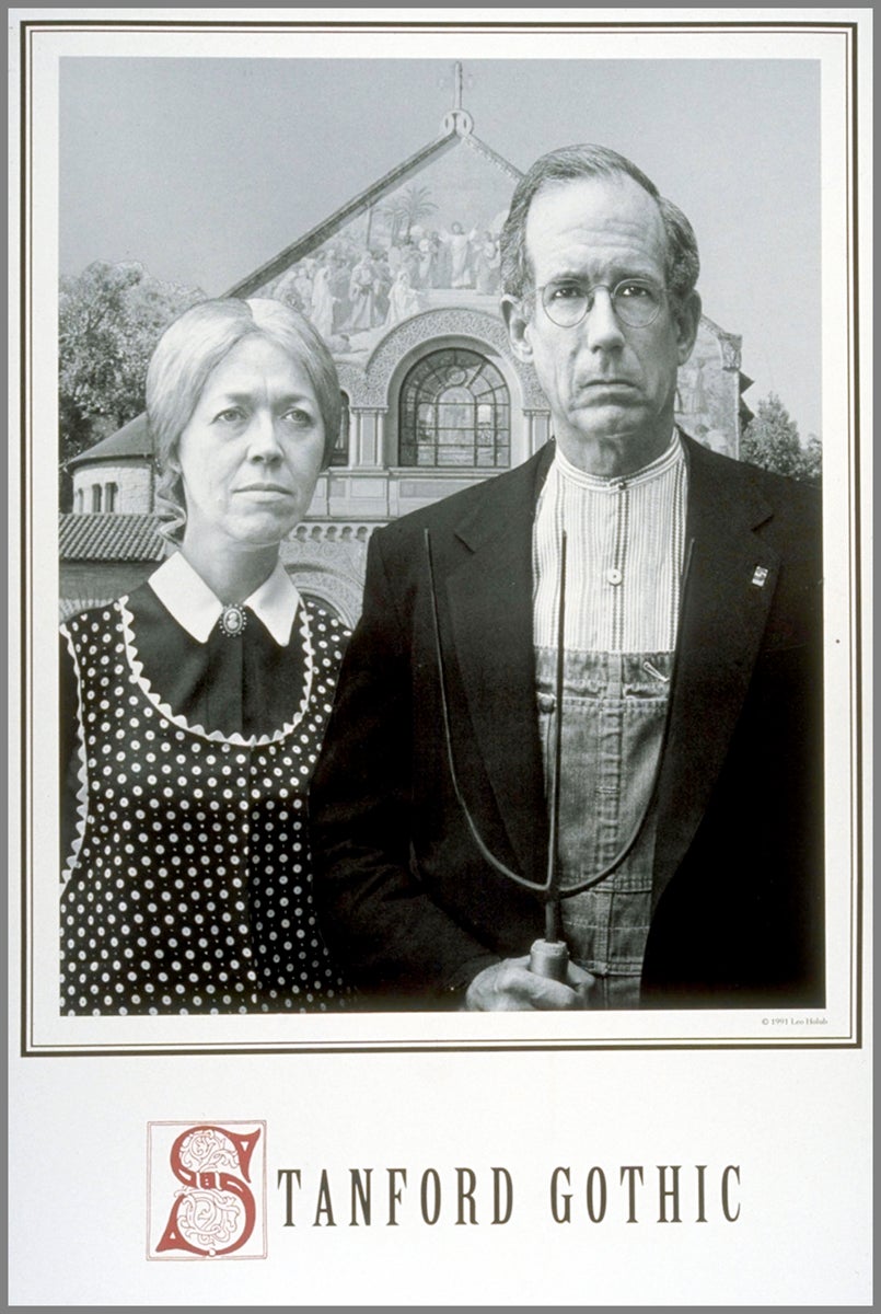 Parody of American Gothic with art professor Wanda Corn and then Stanford president Donald Kennedy