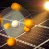 artist's rendering of atoms in perovskites responding to sunlight with solar panels in backgroundlight